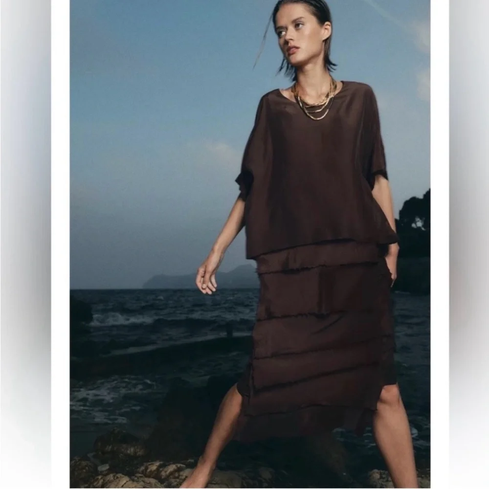 Zara Brown Layered Ruffle Maxi Dress - Picture 2 of 7